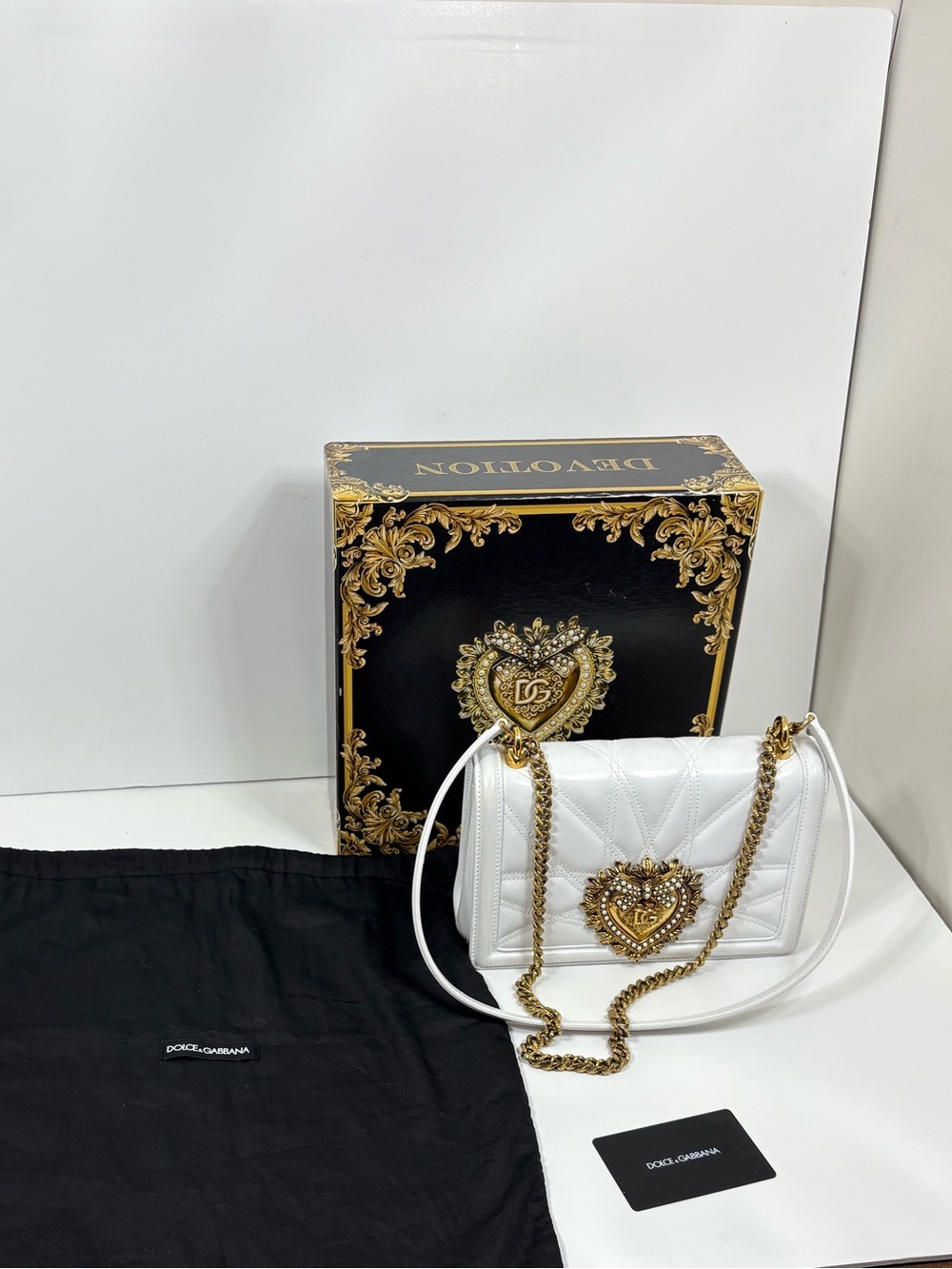 Dolce & Gabbana White Quilted Devotion Crossbody with Gold Heart Emblem